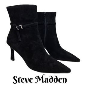 Steve Madden Womens Layan Black Suede Ankle Boots Sz 9.5M Pointed Toe Buckle